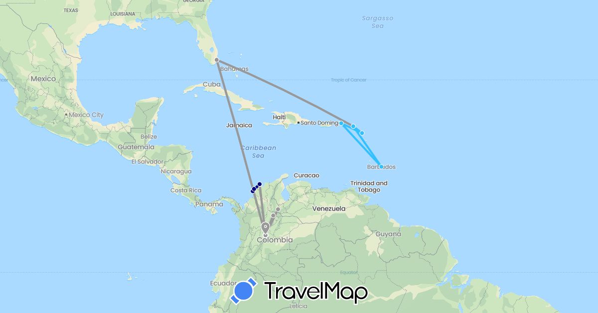 TravelMap itinerary: driving, plane, boat in Antigua and Barbuda, Barbados, Colombia, Netherlands, United States, British Virgin Islands (Europe, North America, South America)